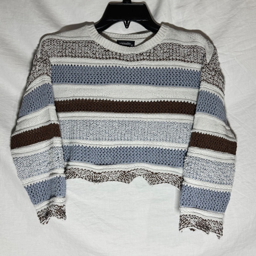 Originality Womens Cropped Striped Open Knit Sweater Blue Brown Scalloped M